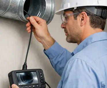 HVAC technician performing air duct inspection